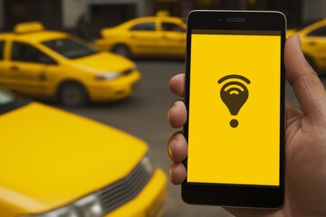 Tourists use smartphone app for taxi services while exploring urban environment with yellow cabs nearby