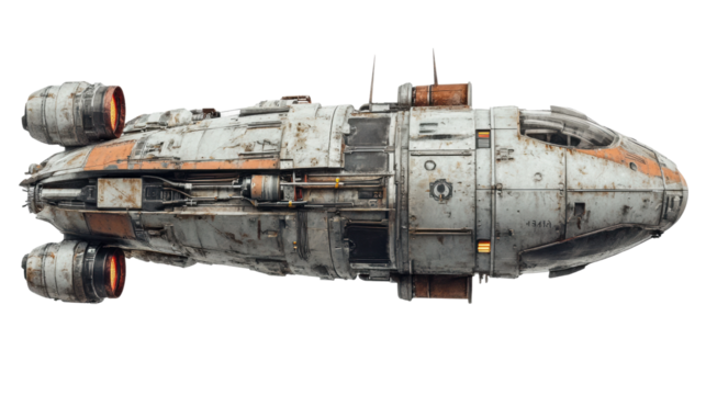 Futuristic spaceship flying in space with transparent background