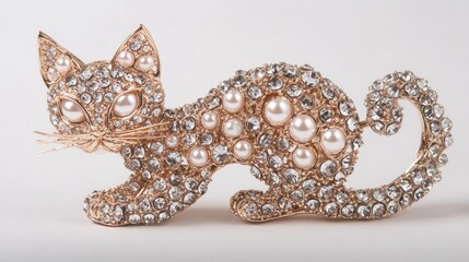 Elegant Cat Figurine Adorned with Pearls and Rhinestones