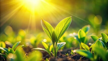 Obraz premium Young Plant Sprouting in Warm Sunlight, Basking in the Golden Glow of a New Day