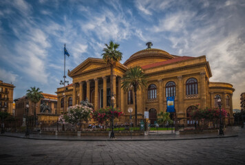 Palermo, Italy - June 2023: The Teatro Massimo Vittorio Emanuele, better known as Teatro Massimo, of Palermo is the largest opera theater building in Italy, and one of the largest in Europe.