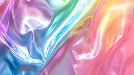 Obraz premium Colorful iridescent satin fabric background, smooth texture with shades of blue, pink, and yellow, abstract design