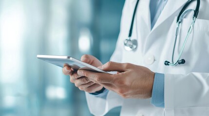 A healthcare professional in a white coat uses a smartphone, blending modern technology with medical practice in a clinical setting.