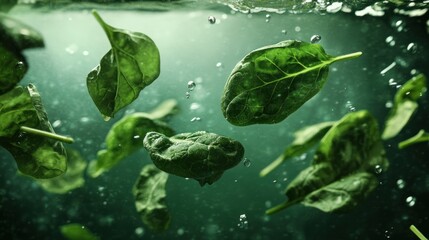 Underwater motion capture of spinach leaves and small vegetables falling, vibrant details,