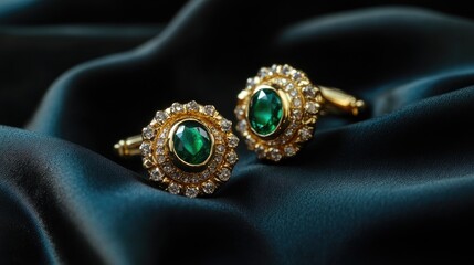 Luxurious gold cufflinks with green gems and sparkling details