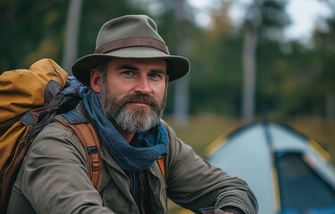 Obraz premium A Samart executive wearing an adventure hat while camping