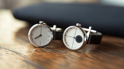 Elegant Silver Watches on Wooden Table with Dark Fabric Background