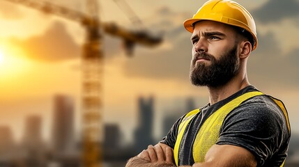 Close-up of a construction worker in a yellow hard hat, reflective vest catching sunlight, standing near a crane with steel beams in the background, urban buildings rising in the distance, Ultra-Reali