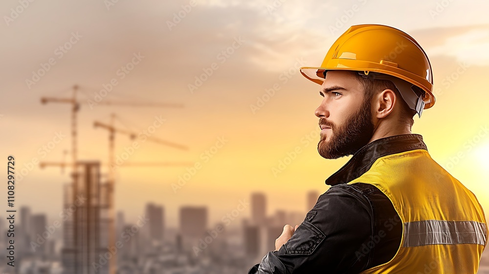 Canvas Prints professional construction worker adjusting his yellow hard hat while overlooking a large constructio