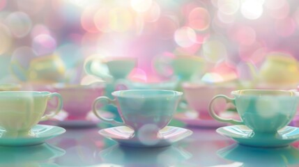 Soft hues of pastel colored tea sets blending together.