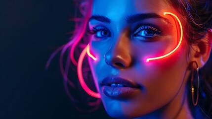 Obraz premium Close-up portrait of a young woman with neon light accents on her face.