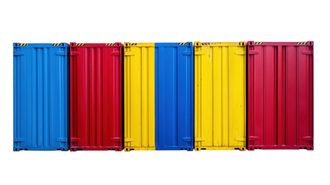 Five colorful shipping containers stand in a row on transparent background