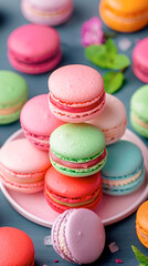 Fototapeta premium Delicate macarons arranged beautifully on a plate, capturing the vibrant colors and textures of French pastry art for a delightful dessert experience perfect for any occasion