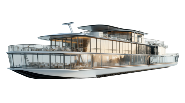 Modern glass-walled cruise ship sailing on transparent background