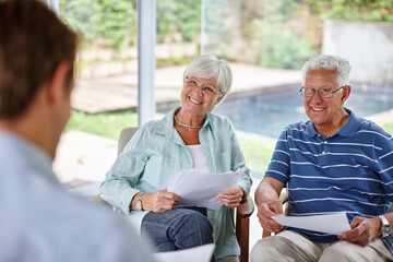 Elderly couple, meeting or documents with financial advisor for retirement plan or pension fund on...