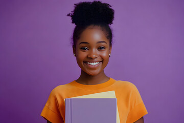Smiling young girl holding books against a purple background, portrait shot, educational concept