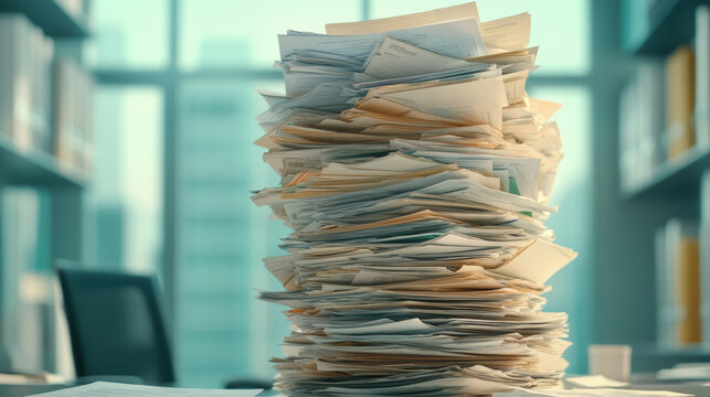 A towering stack of papers sits on a cluttered desk in a bright office, suggesting a backlog of work or documents.
