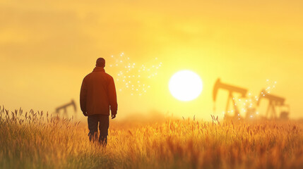 A person walks through a field at sunset, with oil pump jacks visible in the distance, creating a contrast between nature and industry.