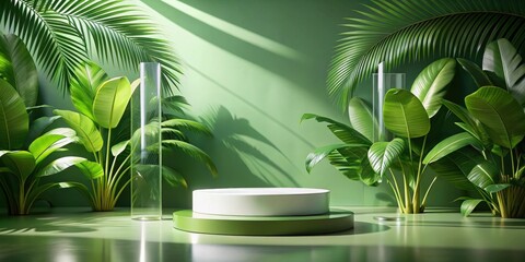 Fototapeta premium A Modern Minimalist Product Display Set Against a Green Background with Sunlight Streaming Through the Lush Foliage