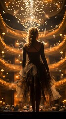 Ballerina on stage in a grand theatre, confetti falling.