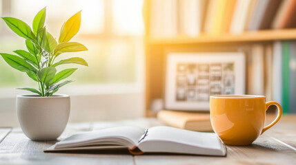 Cozy reading nook with an open book, a potted plant, and a steaming yellow mug, bathed in warm sunlight from a nearby window.