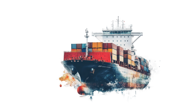 Large container ship transporting goods across ocean with transparent background