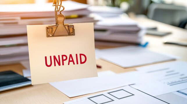 A cluttered office desk featuring a notice labeled 'UNPAID,' highlighting overdue payments.