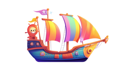Cartoon pirate ship sailing with colorful sails on transparent background