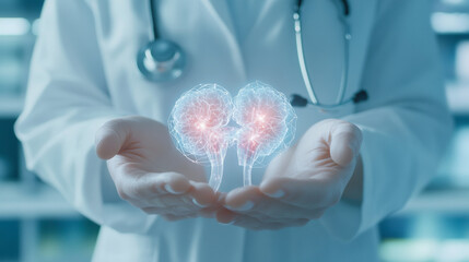 A doctor holds a holographic image of kidneys, symbolizing advanced medical technology and healthcare innovation in nephrology.