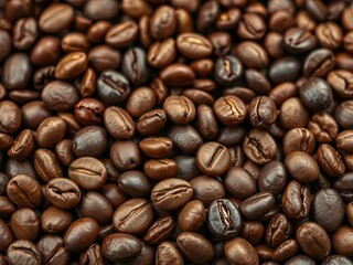 Fototapeta premium Close-up of the surface of multiple roasted coffee beans with varying degrees of ripeness and color , natural elements., food photography