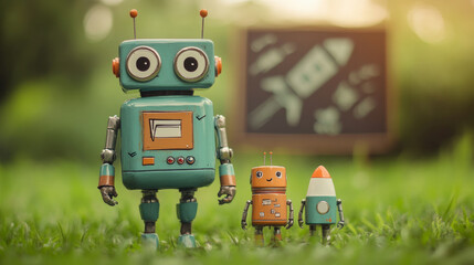 Three toy robots stand on grass with a chalkboard featuring a rocket drawing in the background, evoking a playful and imaginative atmosphere.