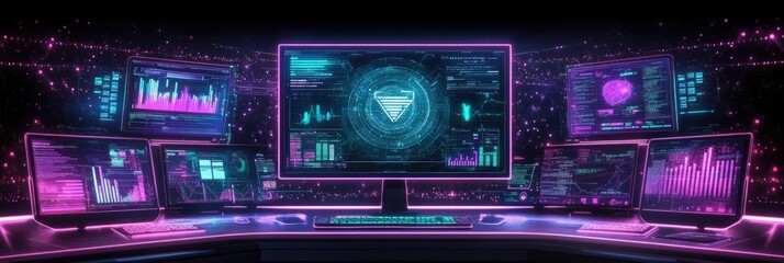 Obraz premium Futuristic digital security interface in neon cyber environment