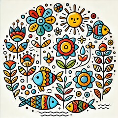 Fototapeta premium Colorful Floral Fish Sun Doodle Art Print Summer Vibes Happy Nature Illustration