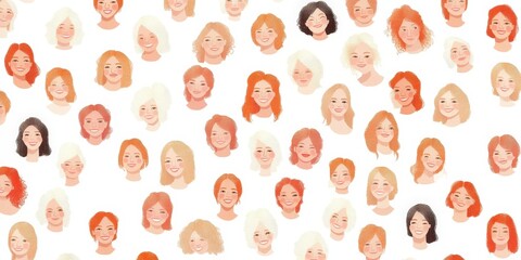 Obraz premium Smiling Women's Faces Pattern - Happy Diverse Women Seamless Repeat