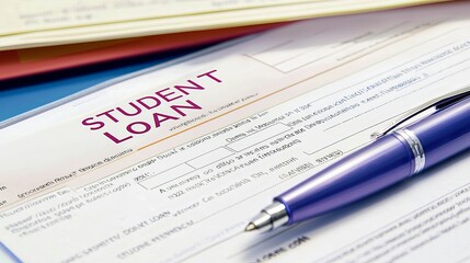 Obraz premium Close-up of a student loan application form with a purple pen, symbolizing education finance.