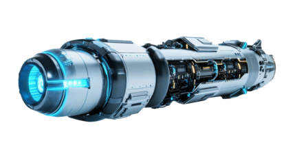 Futuristic rocket engine with blue lights on transparent background