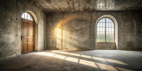 Obraz premium A Room Filled with Light and Shadows, with a Wooden Door and an Arched Window