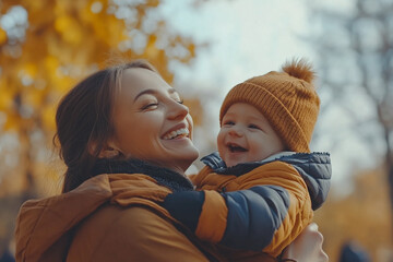 Mother and child enjoying a joyful moment in autumn park