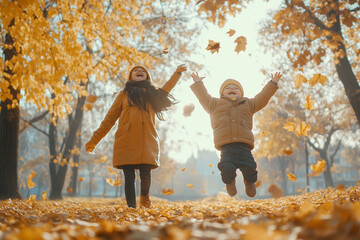 Mother and child enjoying a joyful moment in autumn park