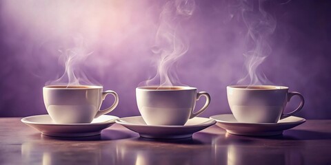 Fototapeta premium Three steaming cups of coffee on a wooden table against a purple background with a warm, inviting glow.