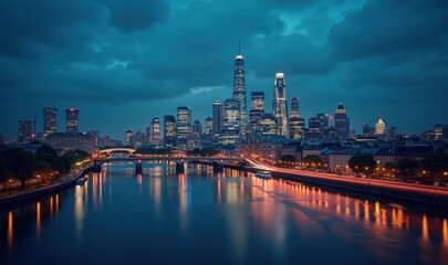Stunning twilight skyline of a modern city, reflecting on the river. Perfect for urban, travel, or business themes.