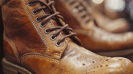 Close-up of brown leather boots with laces and brogue detailing.