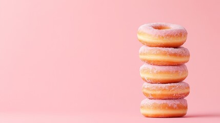 sugar-dusted pink donuts stacked on matching background, with copy space for text