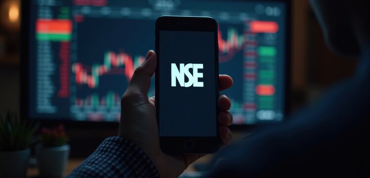 A person uses a smartphone displaying the NSE logo, set against a background of stock market charts and data, symbolizing online trading and financial analysis.