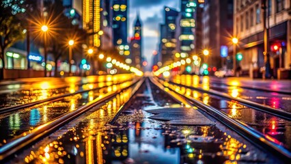 Obraz premium Wet Train Tracks Reflecting City Lights at Night