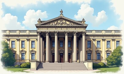 Elegant neoclassical government building with grand columns, suitable for legal, educational, or historical contexts. A symbol of authority and tradition.