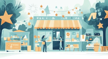 A cartoon drawing of a store with a woman in a shopping bag