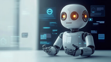 Retro-Futuristic 3D Robot with Extendable Arms, Cute Design, and Neon Lights in a Digital Landscape