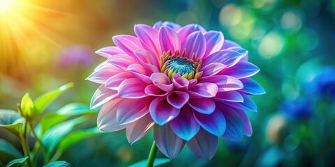 Fototapeta premium A vibrant pink and blue flower blooms with sunlight illuminating its petals, showcasing the intricate beauty of nature's artistry