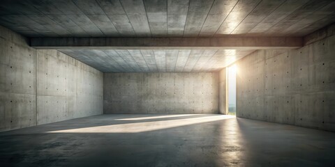 Fototapeta premium Sunlight Illuminates an Empty Concrete Room with a Glimpse of Nature Through an Open Doorway